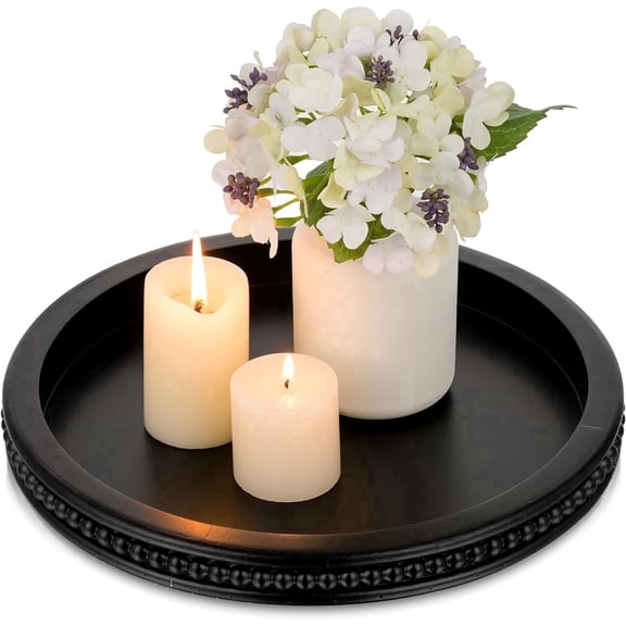 Hanobe Decorative Black Tray , Round Bead Wooden Black Tray Decor for Vanity Coffee Table Centerpiece Kitchen Counter Home Decor