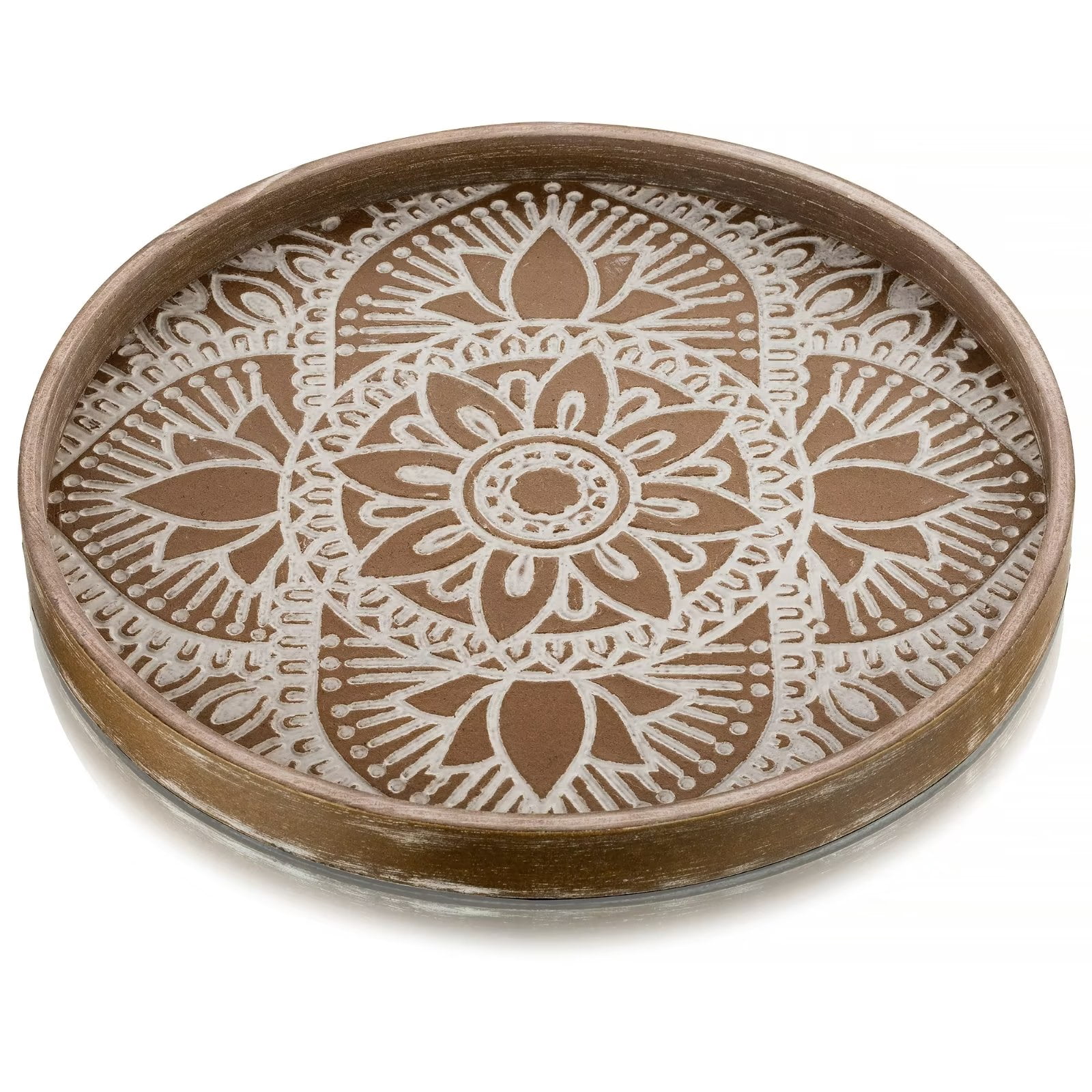 Hanobe Boho Decorative 12.6'' Round Wooden Tray, Farmhouse Rustic Brown