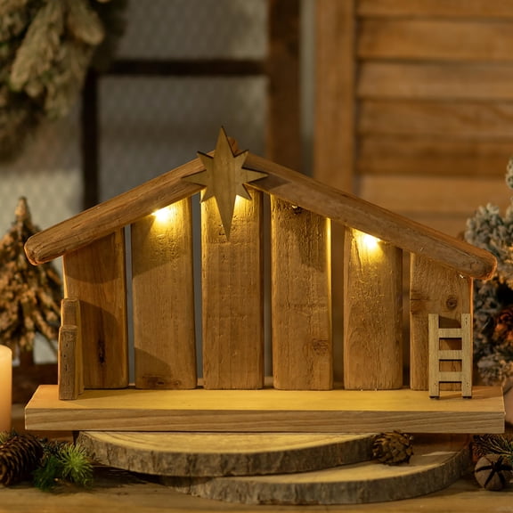 Hanobe Christmas Nativity Stable Only, Wooden Manger with Roof Star for Nativity Scene Set Indoor , 1 Count