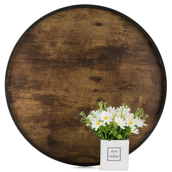 Hanobe Decorative Coffee Table Tray: Brown Wood Tray Round Rustic Wooden Trays Circle Farmhouse Centerpiece Candle Holder for Home Decor Ottoman Counter Display Living Room Organizer 18"
