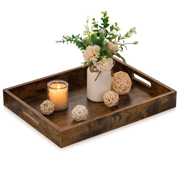Hanobe Decorative Coffee Table Tray with Handle Rustic Brown Rectangle 15.7" Large