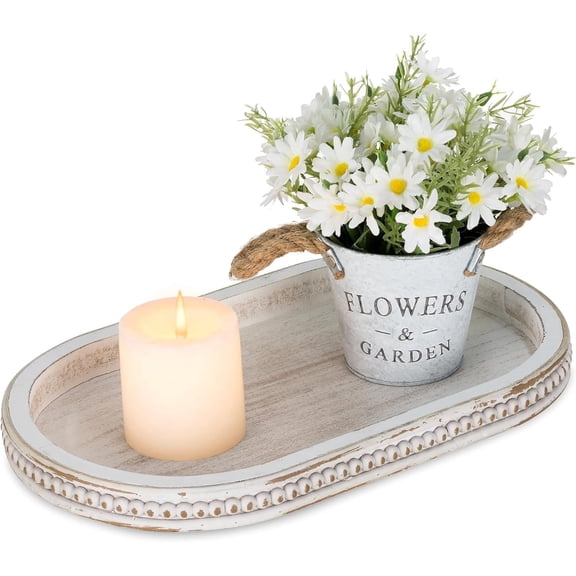 Hanobe Decorative Tray， Wooden Candle Holder Tray for Coffee Table Decor Farmhouse Centerpiece Kichen Counter ，White Washed 15"