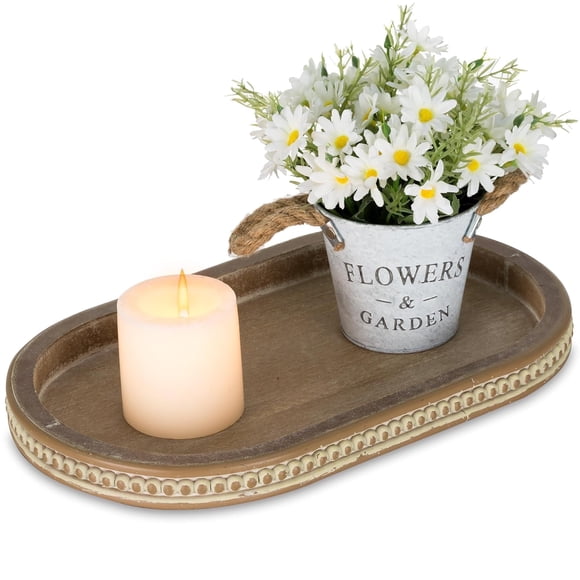 Hanobe Decorative Serving Tray,Wooden Bead Oval Tray for Coffee Table Tray Decor Farmhouse Centerpiece Kichen Counter ,Brown 15"