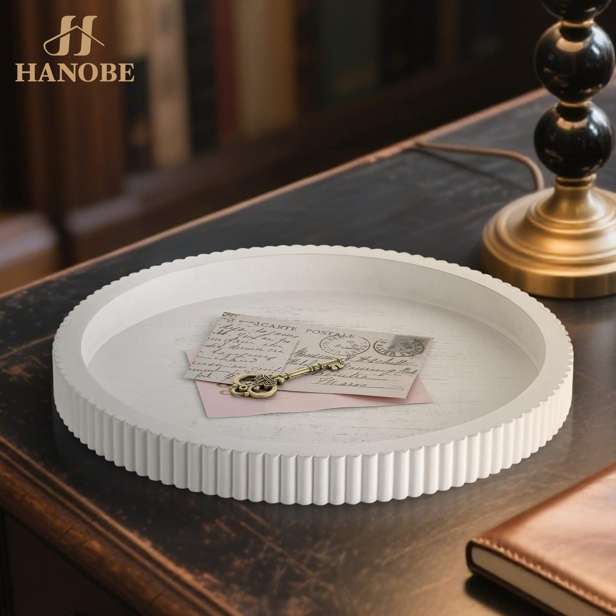 Hanobe Round Decorative Tray for Coffee Table Decor: White Small Wooden Trays for Home Decor - 12"