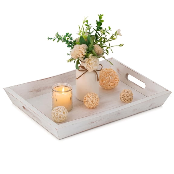 Hanobe Wooden Serving Tray with Handle, Farmhouse  Decorative Coffee Table Tray (Whitewashed )