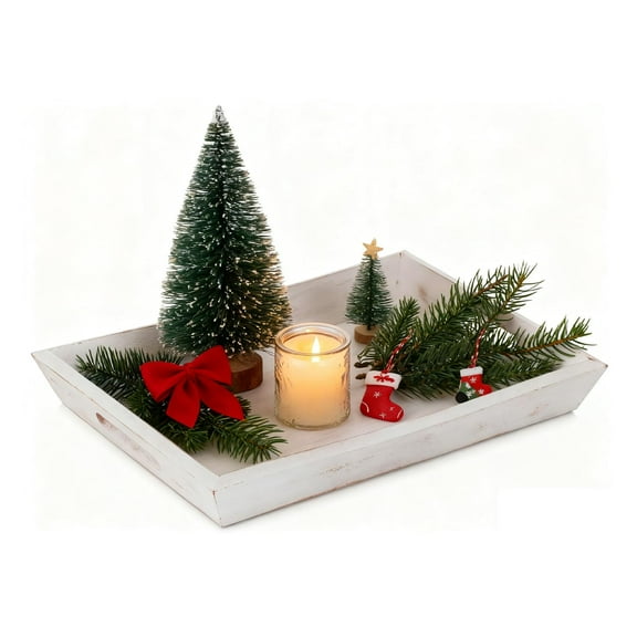 Hanobe Wooden Serving Tray with Handle, Farmhouse  Decorative Coffee Table Tray (Whitewashed )