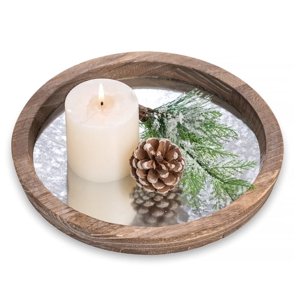 Hanobe Farmhouse Candle Tray Round Wooden Decorative Tray for Coffee Table Dining Centerpiece Home Decor Galvanized Tray