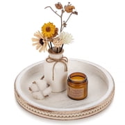 Hanobe Farmhouse Decorative Candle Tray DecorBead Round Wooden Centerpiece Serving Tray for Coffee Table Decor