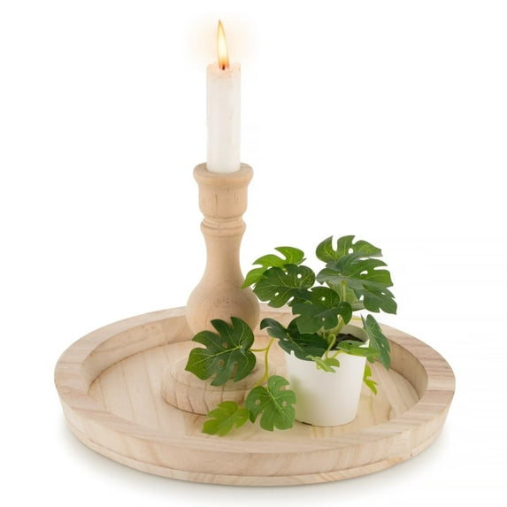 Hanobe Round Wood Decorative Tray: Unfinished Wood Craft Trays  Ottoman Serving Tray Centerpiece Candle Holder Trays for Kitchen Countertop DIY Crafts Art Home Decor