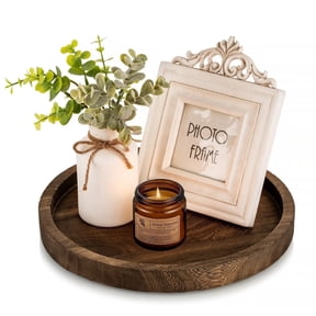 Hanobe Decorative Candle Holder Plate Trays Coffee Table Decor, Round Wooden Serving Tray Centerpiece for Table 11.8” (Brown)
