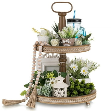 Hanobe Two Tiered Tray Stand: Farmhouse 2 Tier Easter Decorative Trays Brown Round Serving Wood for Home Decor Living Room Coffee Table Centerpieces Kitchen Gift