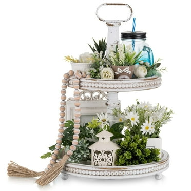 Hanobe Farmhouse Two Tiered Tray Stand Decor ，2 tier White Decorative tray for Home Decor Coffee Table Tray Centerpieces Kitchen Counter