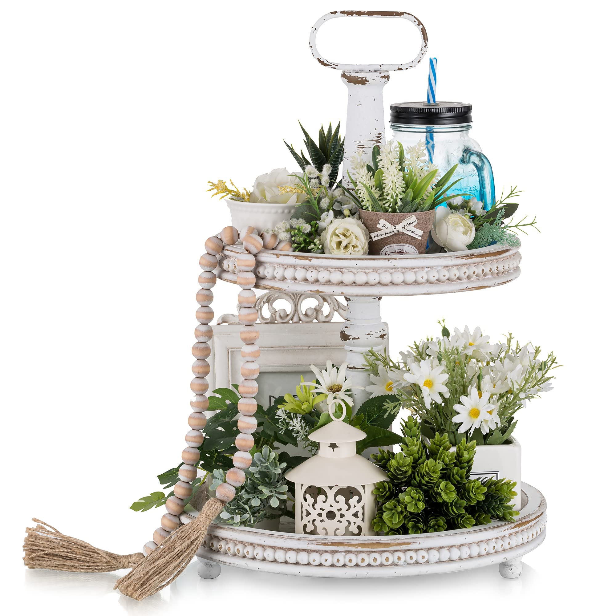 White Distressed Wood Two Tier Round Serving Tray with Beaded Accents