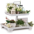 thumbnail image 1 of Hanobe Farmhouse Tiered Tray Stand Decor:  Decorative 2 Tier Serving Tray Stand for Rustic Table Centerpiece, Kitchen Island Decor, Coffee Bar, or Cupcake Stand, Party Display  (Whitewashed), 1 of 15