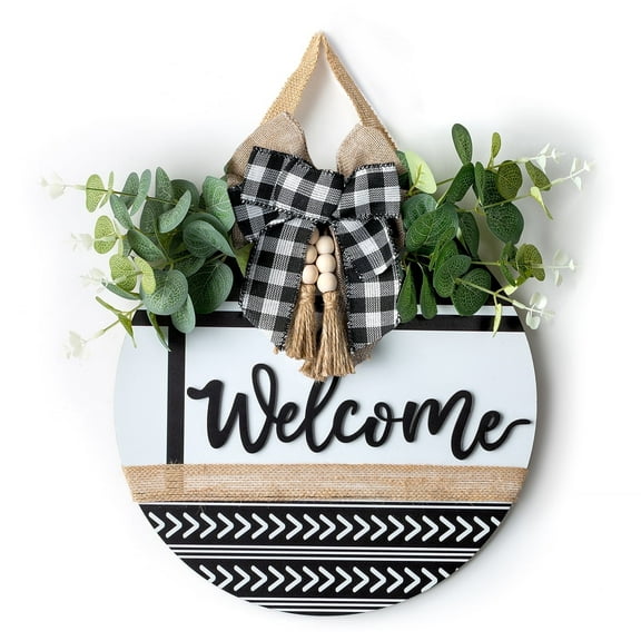 Hanobe Farmhouse Christmas Welcome Door Sign for Porch Front Door Hanging Sign Decoration with Artificial Leaves and Rustic Beads