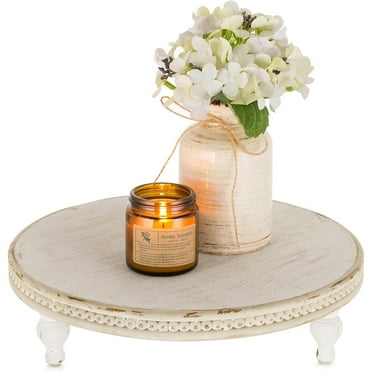Hanobe Farmhouse Wooden Tray Round Decorative Tray Pedestal Wood Riser for Display Coffee Table Decor  Wedding 11.8" Table Centerpiece Tray, Whitewashed
