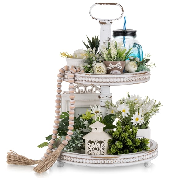 Hanobe Farmhouse Wooden Two Tiered Tray Stand:  2 Tier Trays Decor Wood for  Kitchen Island Decor Home Decor Living Room Coffee Table Centerpieces（White）