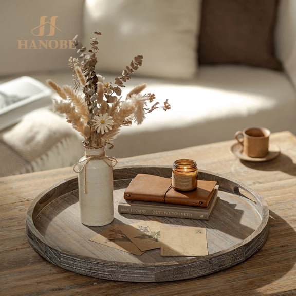 Hanobe Large Ottoman Decorative Serving Tray : Wooden Rustic Farmhouse Coffee Table Tray with Handles for Home Decor Living Room Round Centerpiece Display for Table