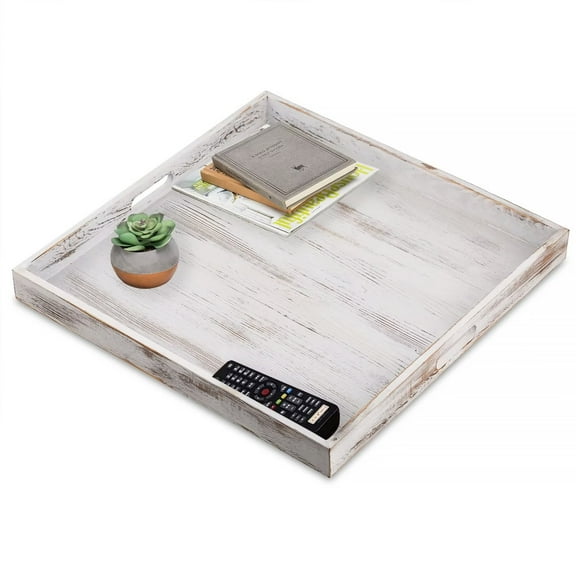 Hanobe Large Ottoman Tray Whitewashed Wood Serving Tray for Coffee Table Living Room for Gift 22” x 22”