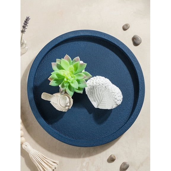 Hanobe Navy Blue Round Decorative Tray for Coastal Decor Living Room Kitchen Entry Way Coffee Table Home Decor