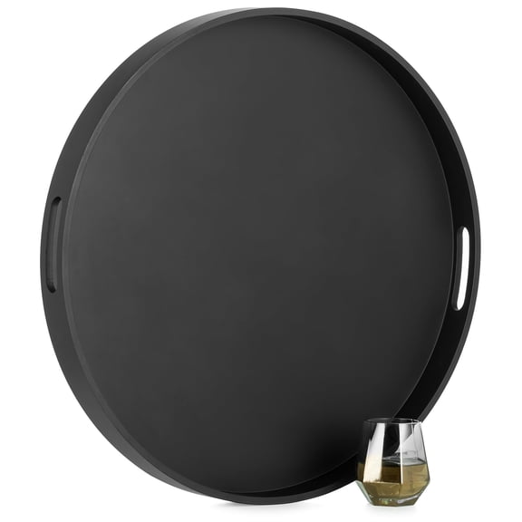 Hanobe 22" Serving Ottoman Tray Topper, Round Large Black Decorative Tray for Home Living Room Coffee Table Decor with Handles