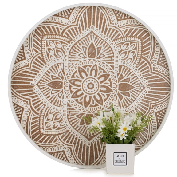 Hanobe Round Wood Decorative Farmhouse Centerpiece Wooden Serving Trays for Coffee Table Home Decor