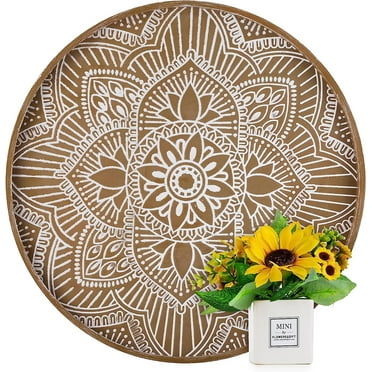 Hanobe Round Wood Decorative Tray Rustic Wood Serving Trays Farmhouse for Coffee Table Home Decor