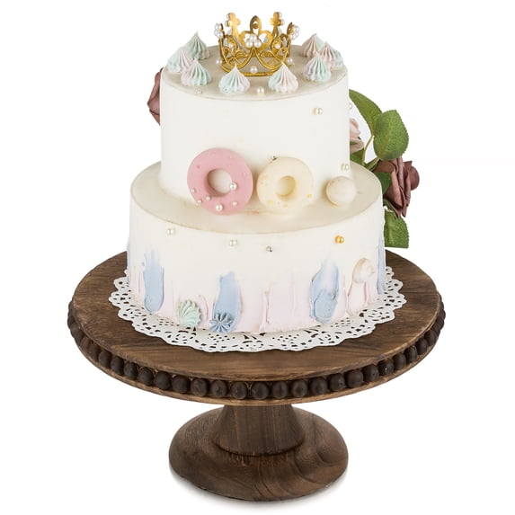 Hanobe Rustic Cake Stand 11.8 Inch Wood Dessert Display Riser Vintage Beads Cake Stand for Wedding And Christmas Reception Decoration, Brwon