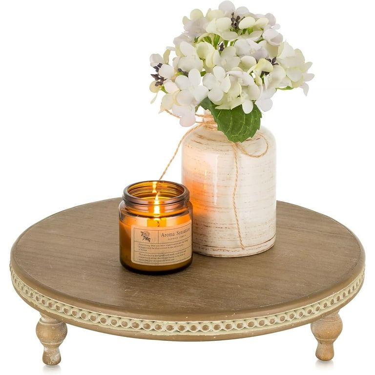 Hanobe Farmhuse Decorative Round Wood Tray Stand，Beaded Wood