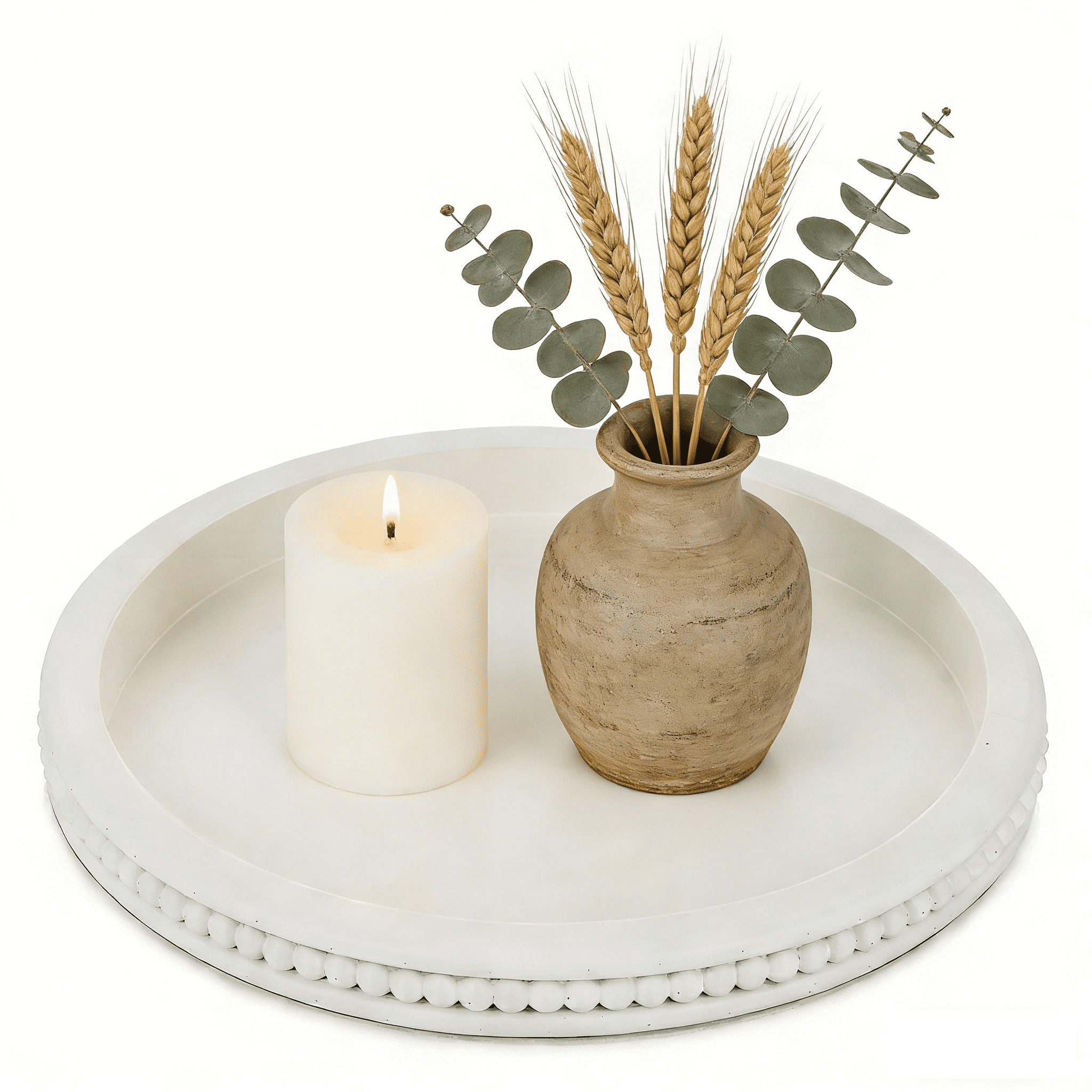 Hanobe Decorative Coffee Table Tray: White Beaded Round Wood Tray Circle Candle Tray Centerpiece Decor for Bathroom Kitchen Counter Living Room Home Decor