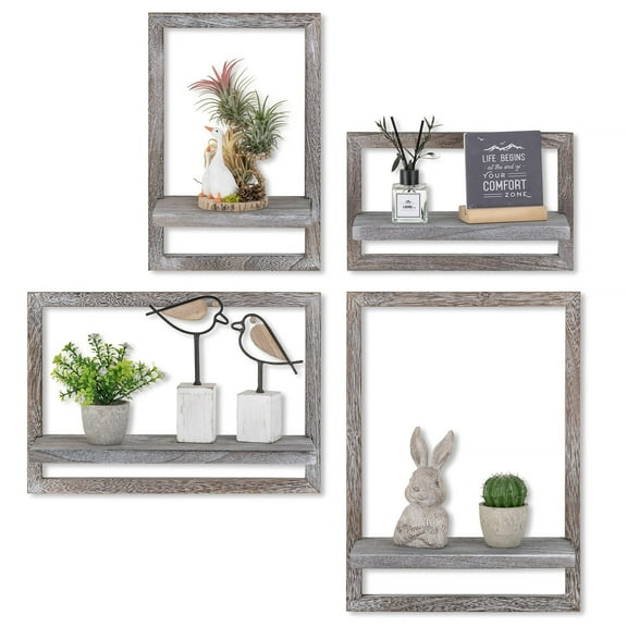 Hanobe Rustic Floating Shelves for Wall - Wood Wall Shelves for Farmhouse Decor - Distressed Decorative Small Shelf Storage for Bedroom Living Room(Set of 4)