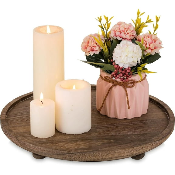 Hanobe  Rustic Wooden Tray with Feet，Decorative Candle Tray Round Tabletop Riser Decor , 11" Brown