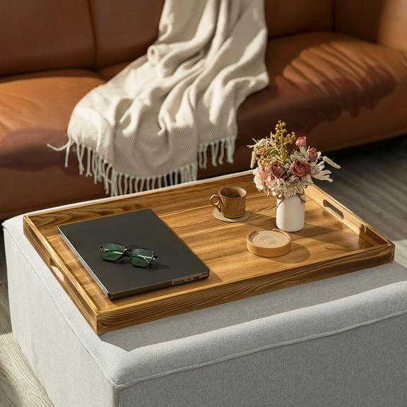 Hanobe Large Ottoman Tray: 30" Decorative Wooden Trays for Ottoman with Handles - Ottoman Table Topper for Coffee Table