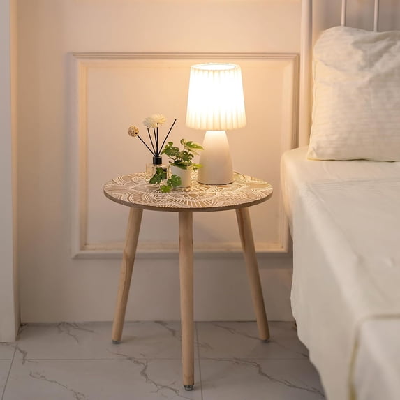 Hanobe Small Round Side Table: Boho End Tables for Living Room Bohemian Accent Bedside Table Brown Bedroom Nightstand Farmhouse Home Decor Decorative with 3 Wood Legs, Easy Assembly