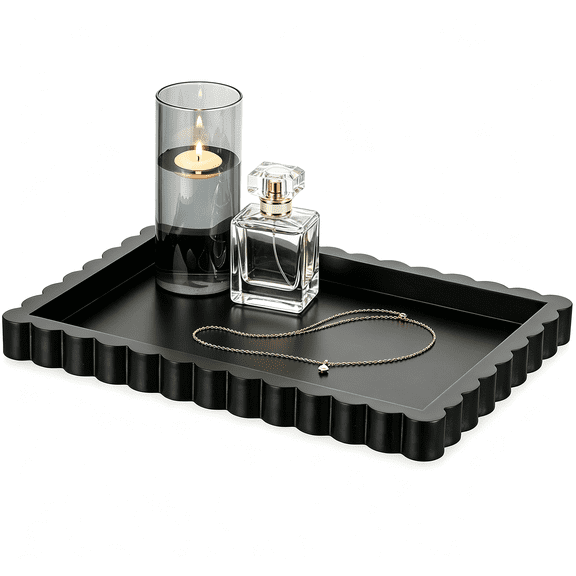 Hanobe Black Wooden Tray Decorative, Scalloped Wood Serving Tray Decor Jewelry Organizer , Candle Plate for Countertop Living Room
