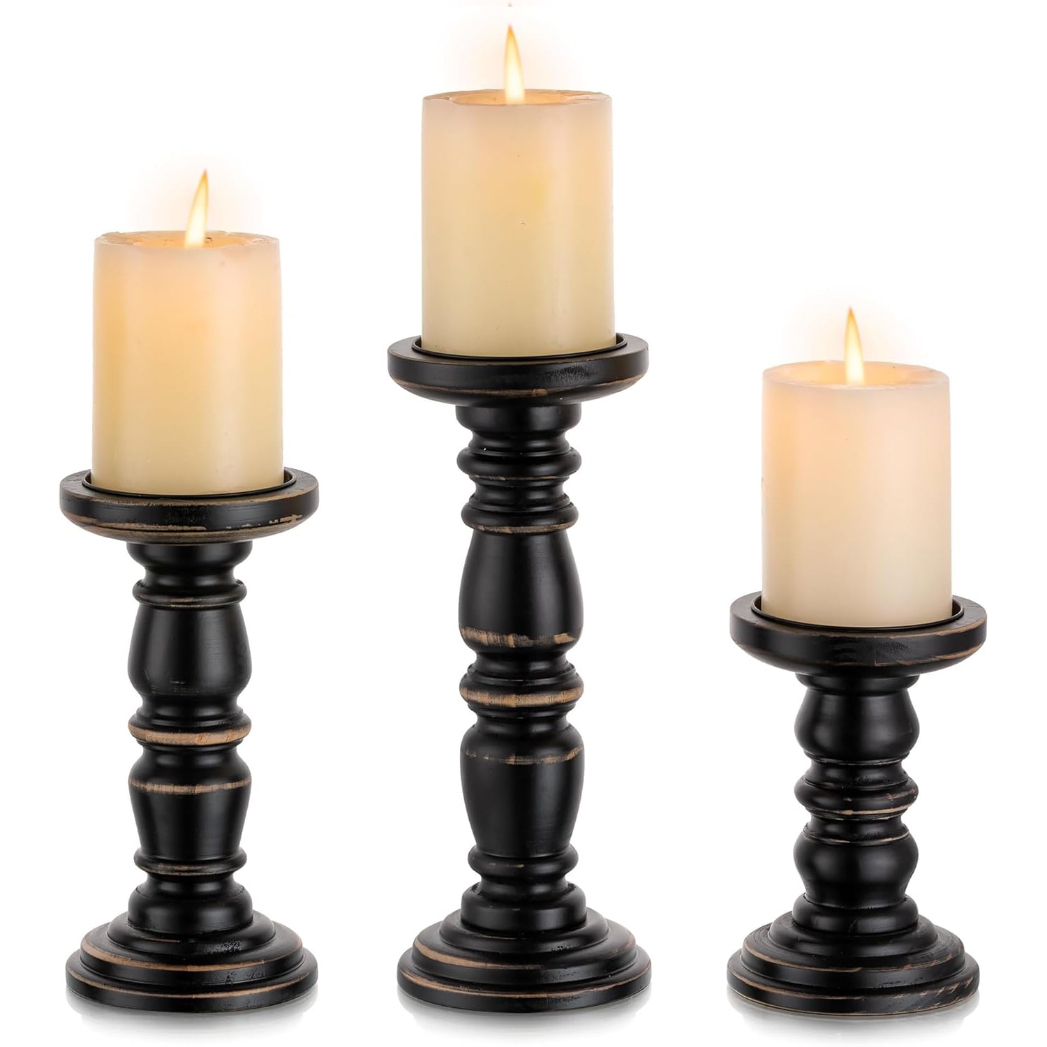 Hanobe Wood Candle Holders for PIllar Candles Farmhouse Black
