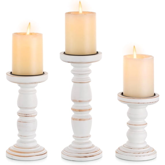 Hanobe Rustic Wooden Candle Holders, Farmhouse White, Set of 3 for ...