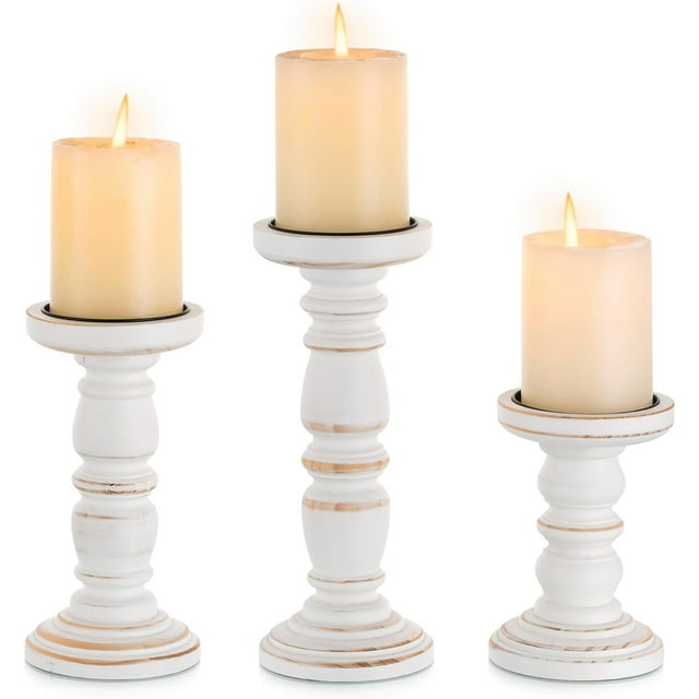 Hanobe Wood Candle Holders for PIllar Candles Farmhouse White