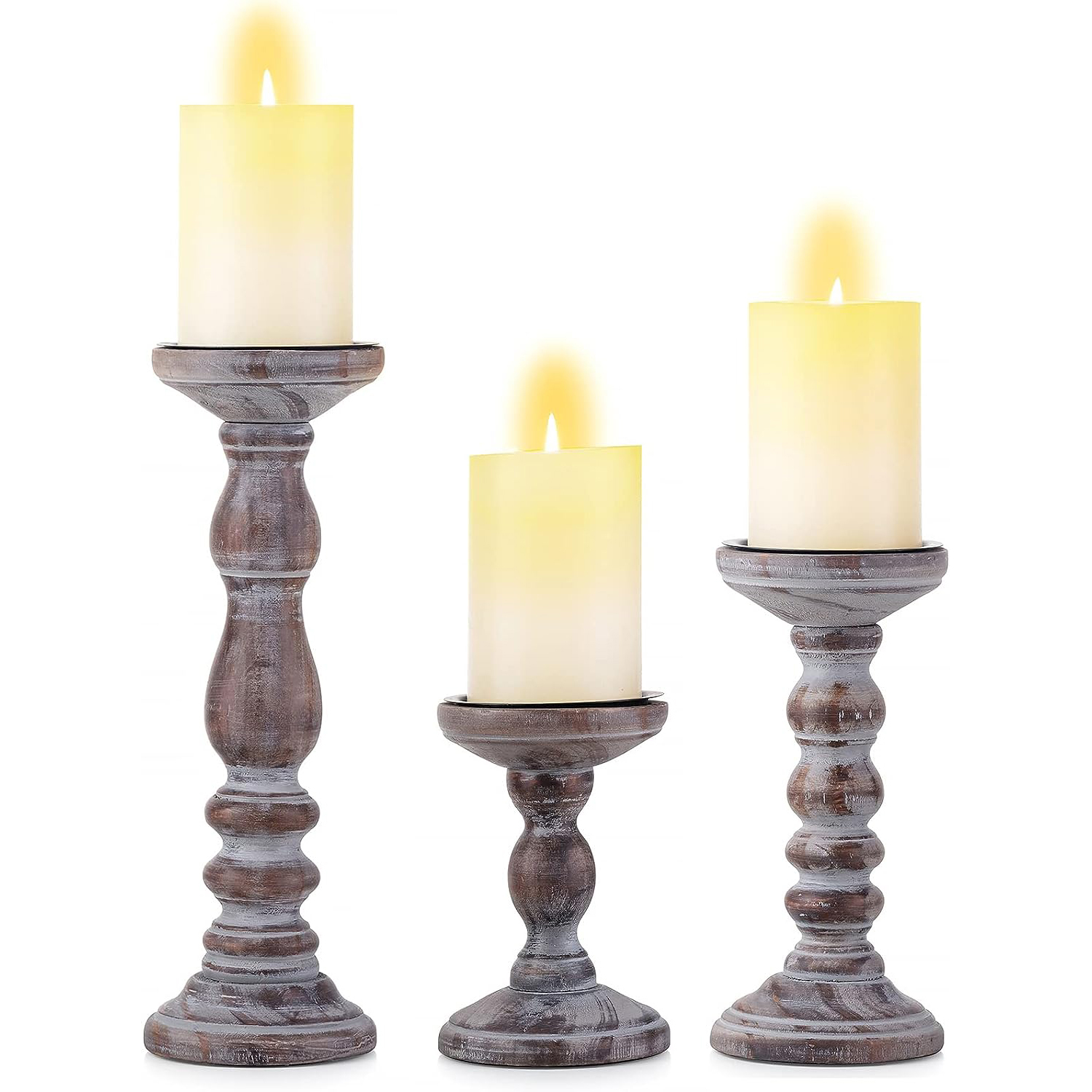 Nuptio Farmhouse Wooden Pillar Candle Holders Set of 3, 6"+8"+12 ...