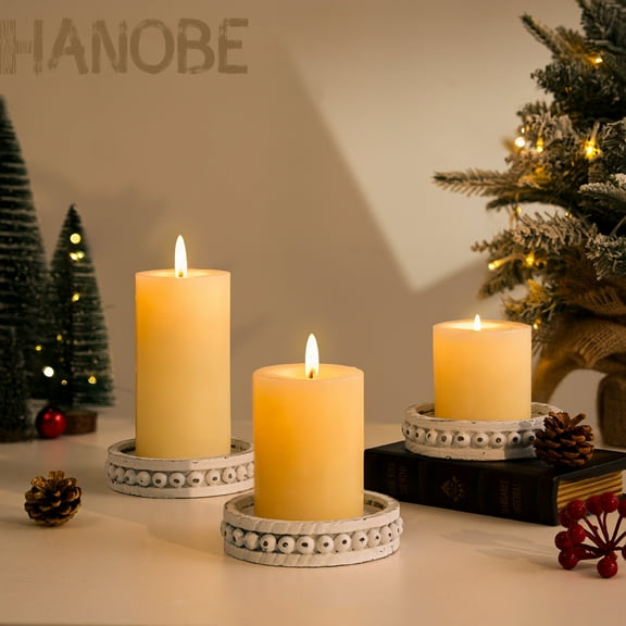 Hanobe Wooden Candle Holder Plate for Pillar Candles Decorative Beaded Wood Candle Tray Set of 3 for Farmhouse Christmas Centerpieces for Dining Table Home Decor