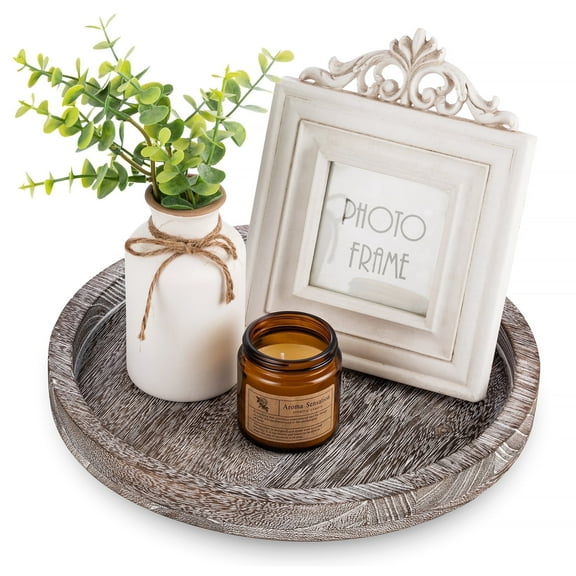 Hanobe Round Wooden Candle Tray: Rustic Decorative Coffee Table Tray ,11.8"