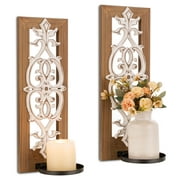 Hanobe Wood Wall Candle Holder Openwork Carving Rustic Brown Candle Sconces Wall Decor Set of 2