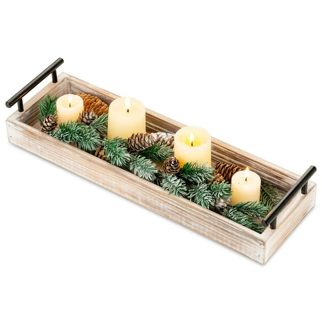 Hanobe Wooden Decorative Tray with Handles Farmhouse Long Narrow