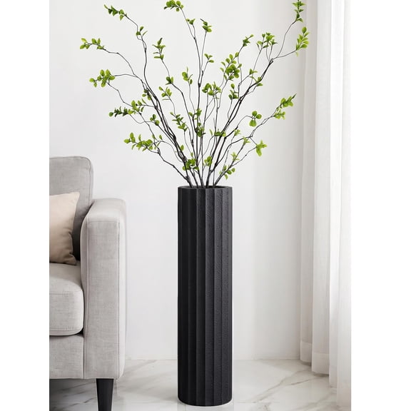 Hanobe Matte Black Tall Floor Vase, 22 Inch Ribbed Textured Cylinder Vase for Pampas Grass