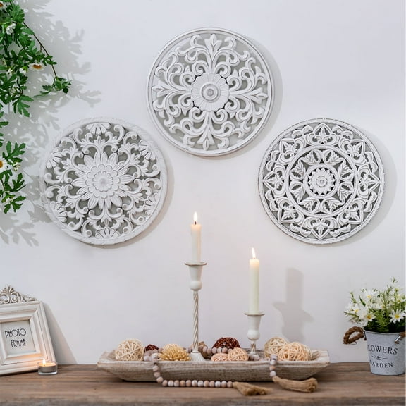 Hanobe White Wall Decor Carved Medallion - Rustic Wood Wall Art Decorative Distressed Hanging Decorations Farmhouse Home Decoration for Living Room Bedroom Kitchen Bathroom Set of 3