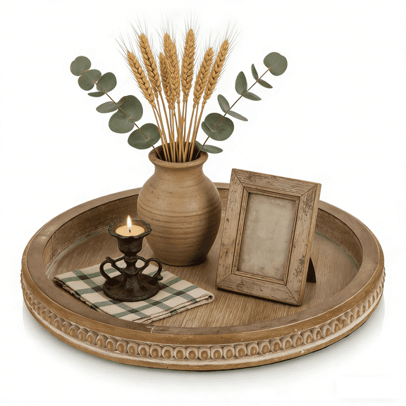 Hanobe Round Wooden Tray Decorative Candle Centerpieces Farmhouse Coffee Table Tray Bead , Brown 12"