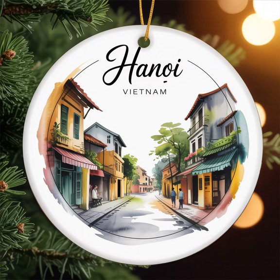 Hanoi Old Quarter – Hanoi Christmas Ornament Travel Ceramic Plaque Keepsake, Christmas Tree Decor Gifts for Women Men Family Friend, 3" Round Ceramic Ornament 306OR35