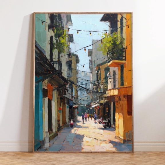 Hanoi Old Quarter Vietnam Atmospheric Street Scene Wall Art, Stretched Canvas Size 16x24
