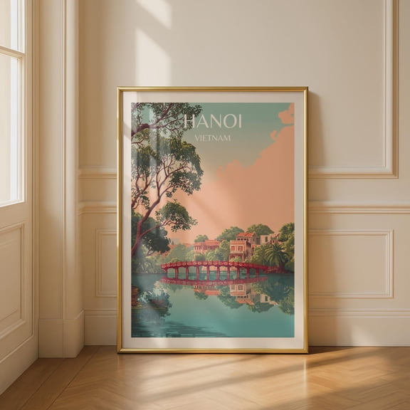 Hanoi Vietnam Landscape Vintage Travel Art Wall Print Red Bridge Water Reflection, Unframed Paper Print