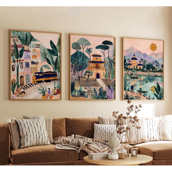 Hanoi Vietnam Vintage Inspired City Landscape Wall Art Neutral Asian Travel Set 3 Unframed Paper Print